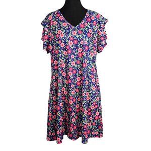 NWOT | Navy & Pink Floral V-Neck Flutter Sleeve Dress with Pockets | Large